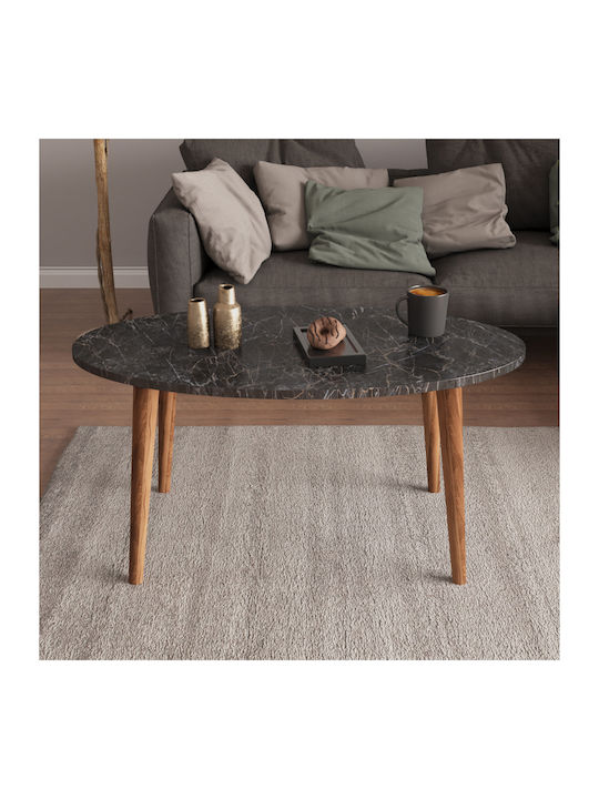 Oval Central Coffee Table Vital Wooden Black Marble-Walnut W90xD50xH42cm