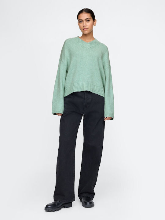 Women's Long Sleeve Sweater Cotton with V Neckline Mint Green
