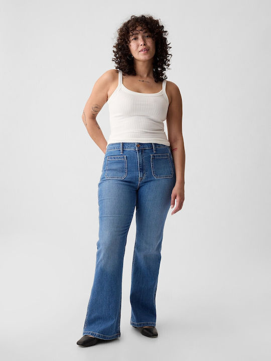 '70s Hoch tailliert Damenjeans Schlaghose Medium Indigo