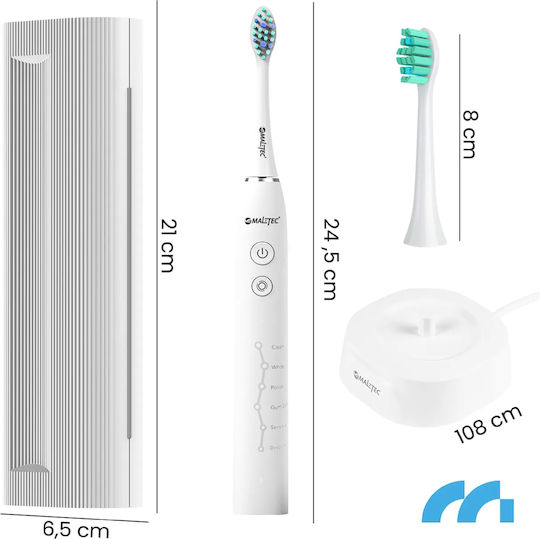 Periuță de dinți electrică sonică Maltec Toothie X1 cu 6 capete 6 programe diferite 45.000 vibrații pe minut cu husă inclusă Alb