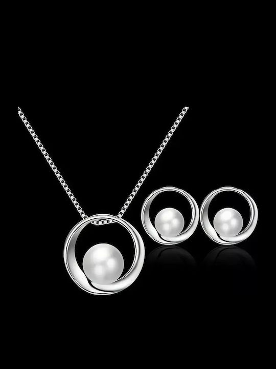 Set mit Halskette & Ohrringe aus Silber mit Perlen