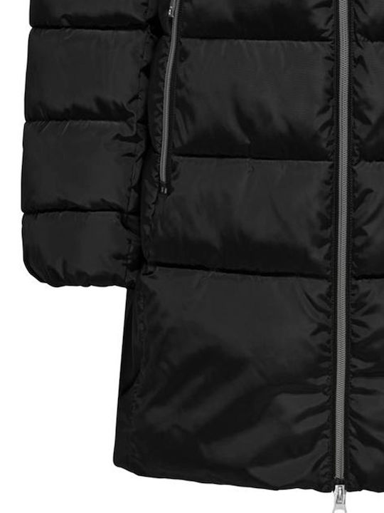 Women's Long Puffer Jacket for Winter with Hood Black