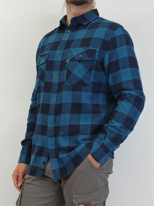 Double Long-sleeved Flannel Shirt Checked Navy Blue