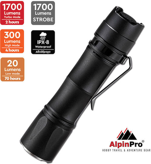 AlpinPro Επαναφορτιζόμενος Φακός LED IPX8 με Μέγιστη Φωτεινότητα 1700lm