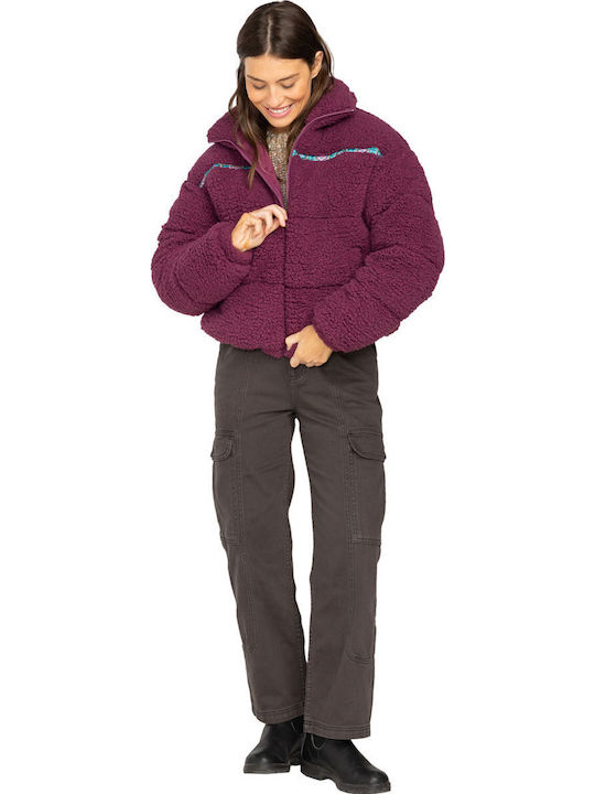 Sherpa Puffer Women's Short Puffer Jacket for Winter with Hood Blackberry