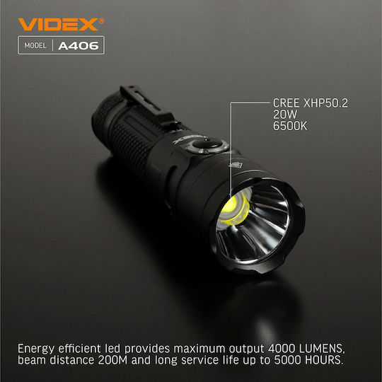 Videx Επαναφορτιζόμενος Φακός LED IP68 με Μέγιστη Φωτεινότητα 4000lm