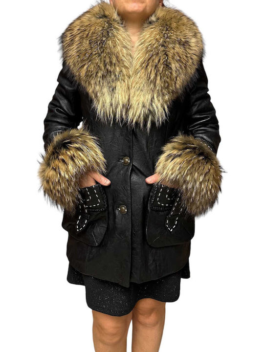 Leather Women's Black Coat with Fur Details