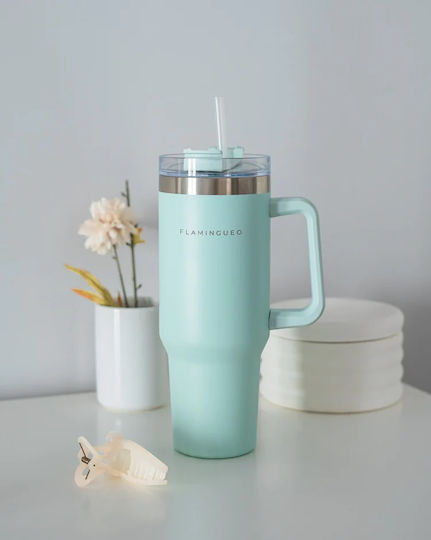 Flamingueo Handled Tumbler Θερμός Ανοξείδωτο 1.18lt Τιρκουάζ με Καλαμάκι και Λαβή
