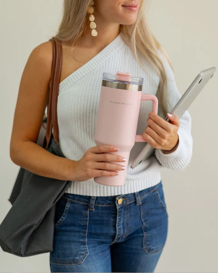 Flamingueo Handled Tumbler Θερμός Ανοξείδωτο 1.18lt Ροζ με Καλαμάκι και Λαβή