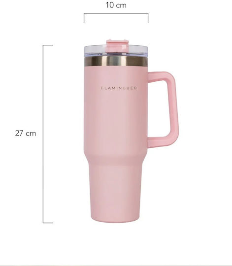 Flamingueo Handled Tumbler Θερμός Ανοξείδωτο 1.18lt Ροζ με Καλαμάκι και Λαβή