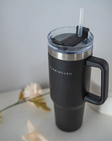 Flamingueo Handled Tumbler Θερμός Ανοξείδωτο 1.18lt Μαύρο με Καλαμάκι και Λαβή