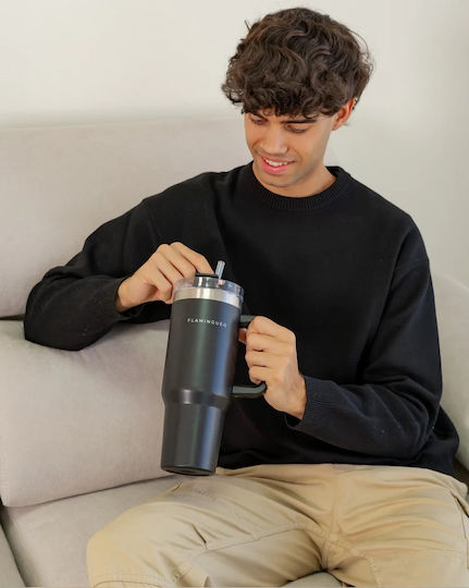 Flamingueo Handled Tumbler Θερμός Ανοξείδωτο 1.18lt Μαύρο με Καλαμάκι και Λαβή