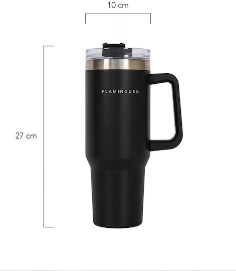 Flamingueo Handled Tumbler Θερμός Ανοξείδωτο 1.18lt Μαύρο με Καλαμάκι και Λαβή