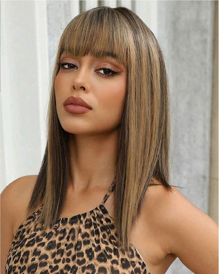 Women's High-Quality Synthetic Wig Brown Highlights 16 Inches