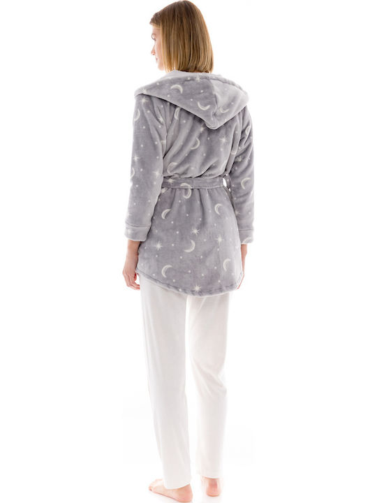 Pink Label Χειμερινή Γυναικεία Fleece Ρόμπα Γκρι