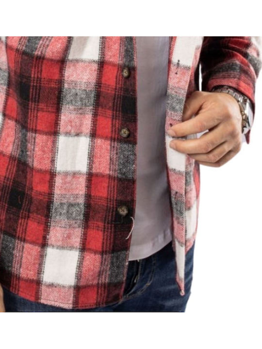 Long Sleeve Flannel Overshirt in Regular Fit Checked Pattern 7214-1-Red