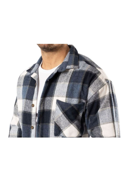 Long Sleeve Flannel Overshirt in Regular Fit Checked Blue