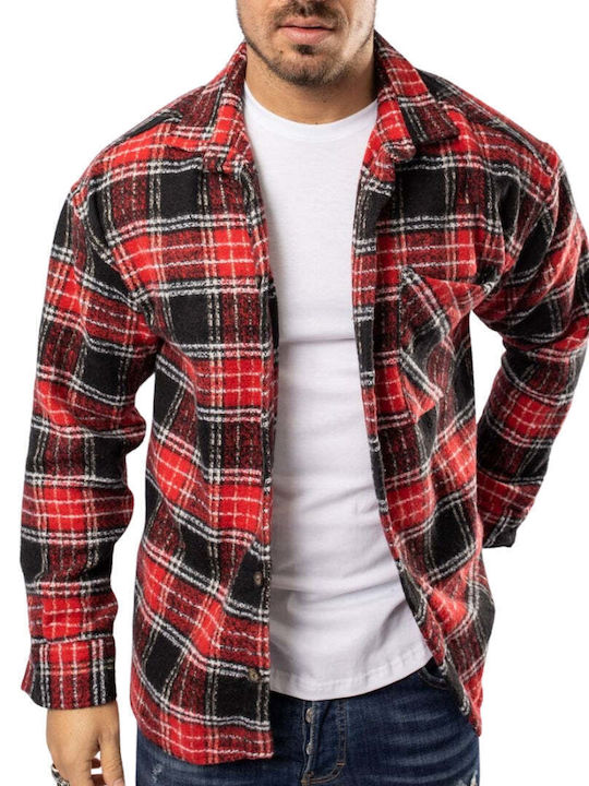 Long Sleeve Flannel Overshirt in Regular Fit Checked Pattern 7212-1-Red