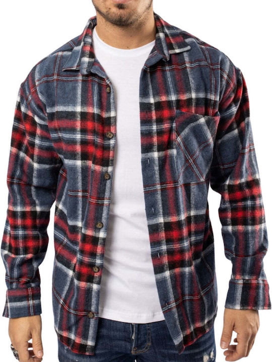 Long Sleeve Flannel Overshirt in Regular Fit Checked Blue