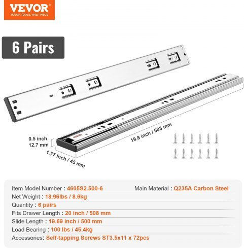 Vevor Sliding Drawer Slides 508mm Silent Soft Close 100lbs Load Czcjctdg100lg511jv0