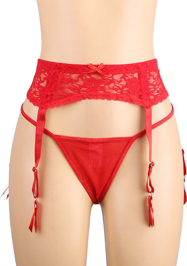 Rote Spitze Metallknopf String Panties Strumpfband