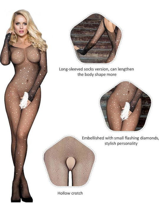 Schwarzer Netzdiamanten Langarm-Bodystocking