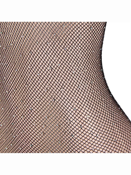 Body stocking cu mâneci lungi din plasă neagră cu model de diamante