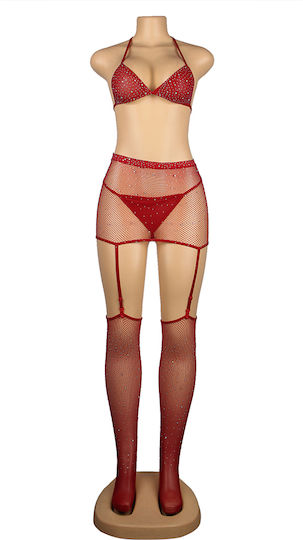 Red Sexy Diamond Fishnet Bodystocking Gloves