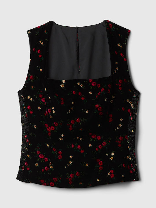 Γυναικείο Crop Top Βελούδινο Floral Μαύρο