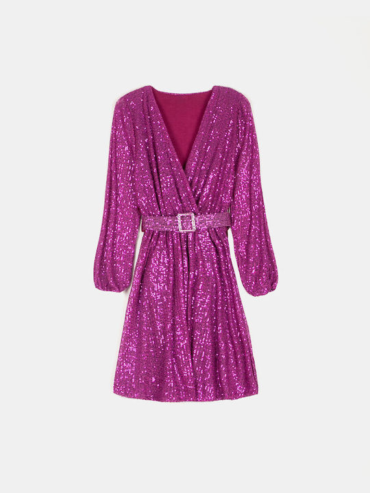 Wrap Dress with Sequins and Belt Magenta Magenta