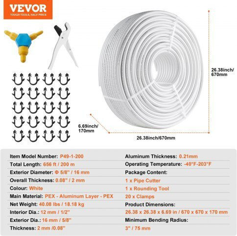 Vevor Σωλήνας Pex-al-pex 656ft 5/8'' Ενδοδαπέδια Θέρμανση Lsgbsddlp200cknn8v0