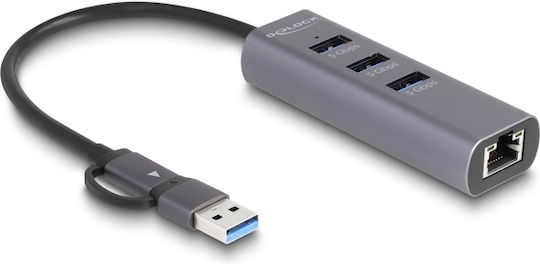 DeLock USB 3.0 3 Port Hub with USB-A / USB-C / Ethernet Connection Gray