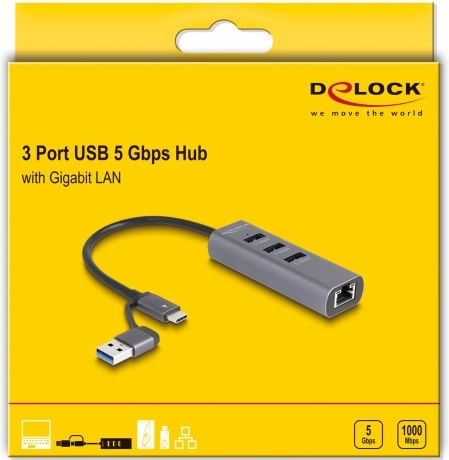 DeLock USB Хъб 3 Порта USB 3.0 с Връзка USB-A / USB-C / Ethernet Сив