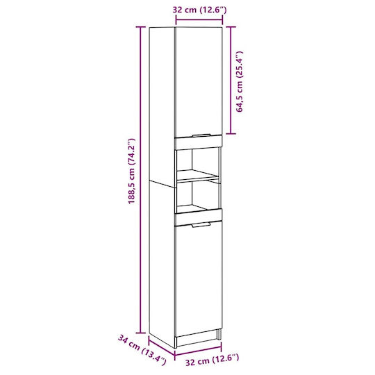 vidaXL Badezimmersäule Wandhängeschrank H32xB34xH188.5cm Gray