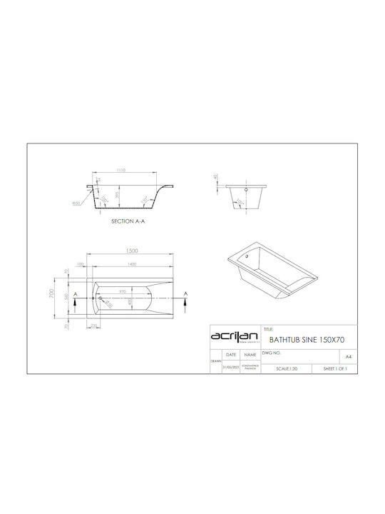 Acrilan Sine Μπανιέρα Ακρυλική 150x70cm