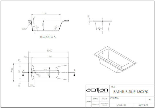 Acrilan Sine Badewanne Acryl 150x70cm