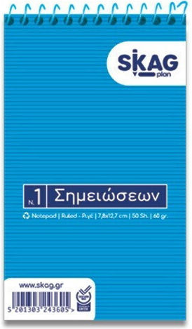 Skag Notepad Spiral 50 Sheets A6 Ruled Blue