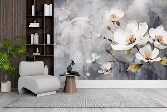 Tapet mural floral pentru living cu flori de magnolie albă 197x296