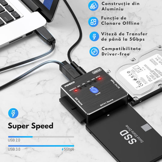 Adaptor Universal Fideco Sata Ide La Usb 3.0 Extern Hdd Ssd Pentru Hard Disk-uri De 2.5/3.5 Inch Unități Optice Dvd Cd De 5.25 Inch Clonare Offline Cablu De Alimentare Transfer De Date 5gbps Suportă Capacitate De 16tb Compatibil Windows Mac Os/linux