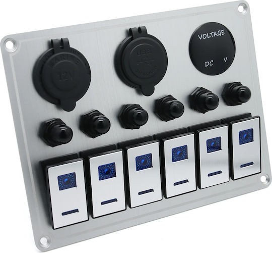 Waterproof Metal Panel for Boat Car Truck 12v 24v 6 Switches 2 X USB Ports Lighter Socket Voltmeter Blue Lighting