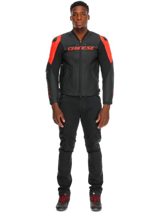 Dainese Racing 5 Sommer Herren Motorradjacke Leder Black/Black/Red-Fluo