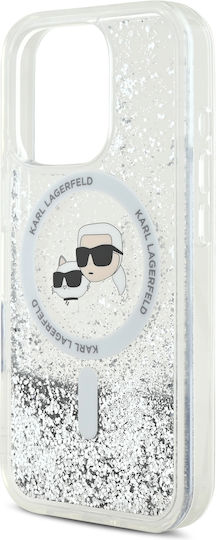 Karl Lagerfeld Flüssiges Glitzer Karl Choupette Köpfe Magsafe Hülle iPhone 16 Pro Transparent