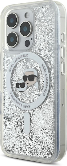Karl Lagerfeld Flüssiges Glitzer Karl Choupette Köpfe Magsafe Hülle iPhone 16 Pro Transparent