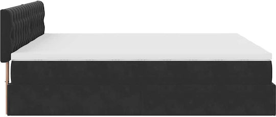 King Size Upholstered Fabric Bed Black with Storage Space Slats & Mattress 200x200cm