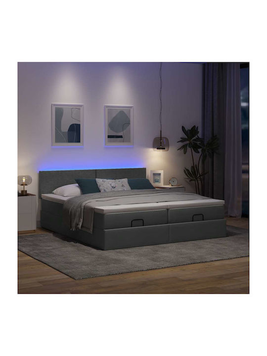 Pat King Size Tapitat cu Material Gri Închis cu Plăci și Saltea 180x200cm