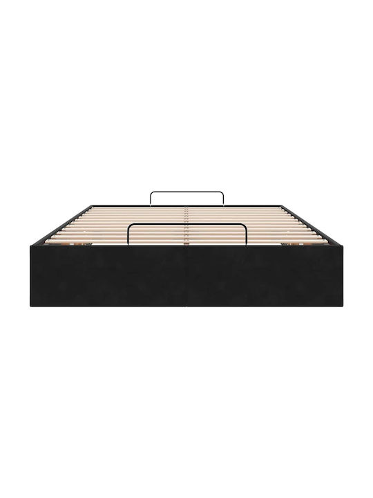 Half Double Bed Base Upholstered with Black Fabric with Storage Space & Slats for Mattress 120x190cm