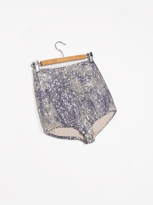 Silberne Pailletten-Shorts mit hohem Bund