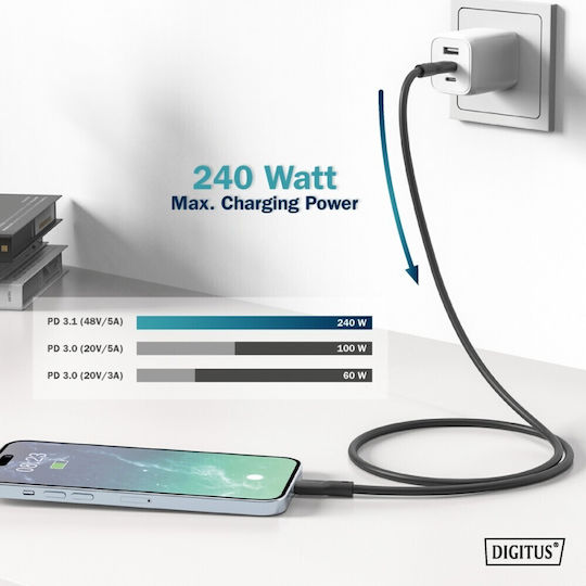 Digitus USB 2.0 Cable USB-C male - USB-C 240W PD Μαύρο 1m Ak-300344-010-S