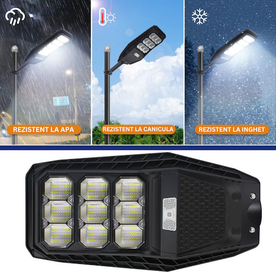 100W Соларна улична лампа Visionhub 360 LED прожектор в 9 кутии Вградена соларна панелна зарядка Дистанционно управление Сензор за движение IP67 водоустойчивост Включена метална стойка Черна