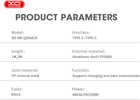 XO USB 2.0 Кабел USB-C Мъжки - USB-C 240W Захранване PD Черен 2м 16.005.0315